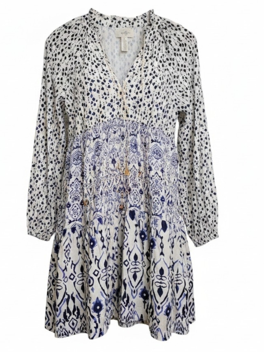 Jessica Simpson White & Navy Printed Long Sleeve Mini Dress